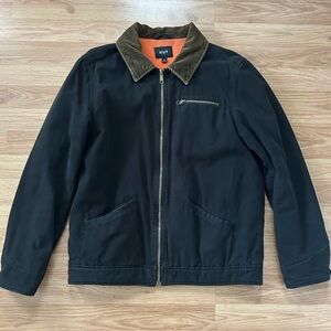 HUF sample sale black workwear jacket with brown corduroy collar size M